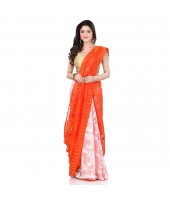 Desh Bidesh Women`s Bengal Handloom Tant Soft Dhakai Jamdani Cotton Saree Whole Body Design (Orange White)